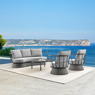 Arcus 4 Piece Outdoor Patio Furniture Set In Black Aluminum And Grey Wicker With Grey Cushions Joss Main